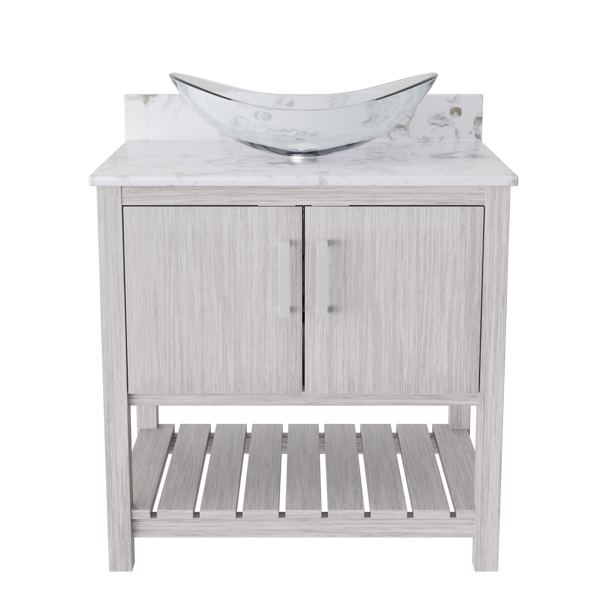 Novatto 30-inch bath vanity with Café Mocha quartz countertop and sink, showcasing modern bathroom accessory design.