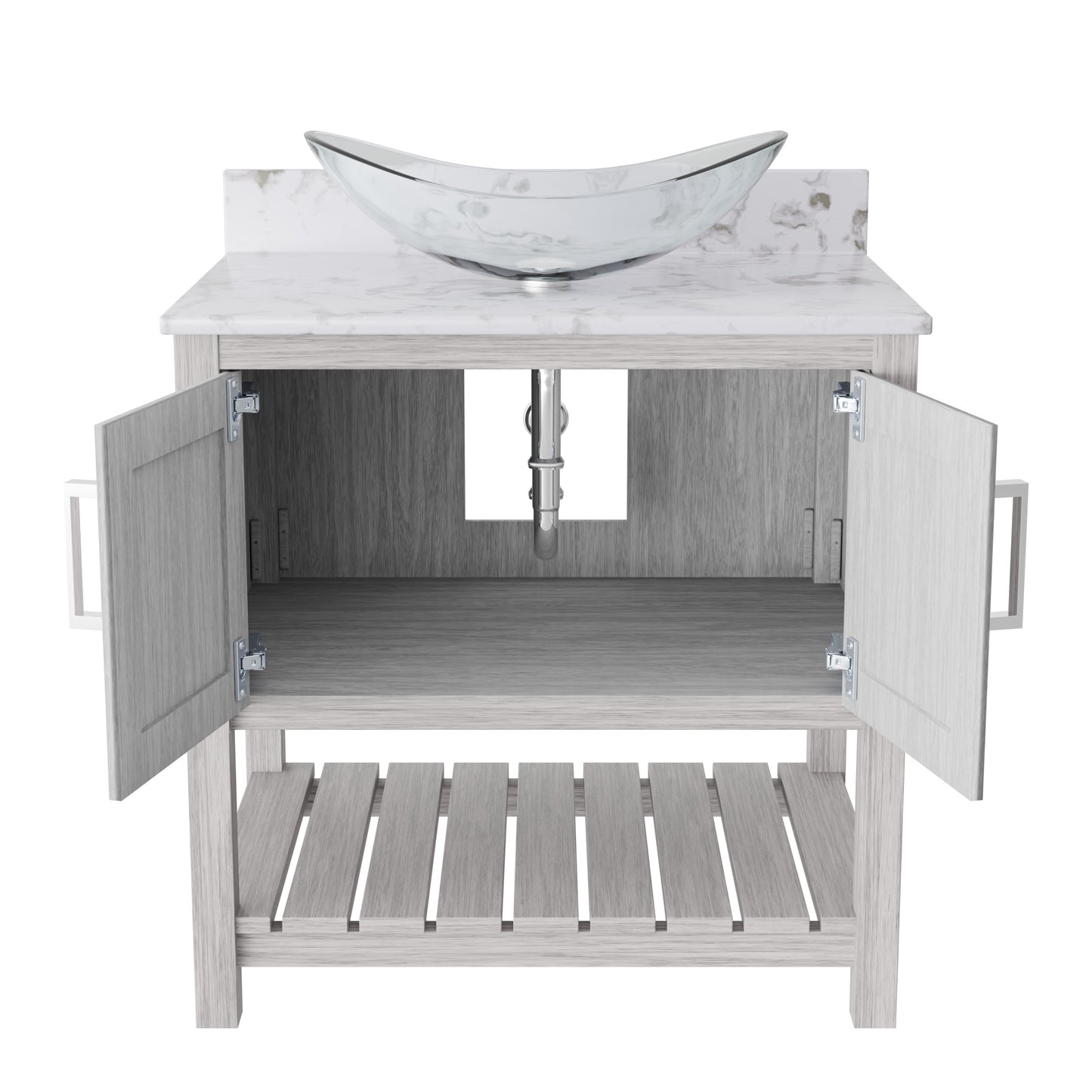 30-inch Novatto bath vanity with café mocha quartz counter and sink, featuring modern bathroom accessory design