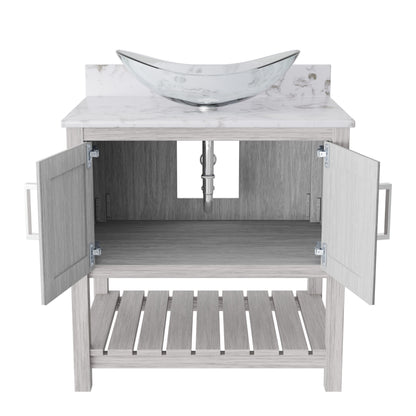 30-inch Novatto bath vanity with café mocha quartz counter and sink, featuring modern bathroom accessory design