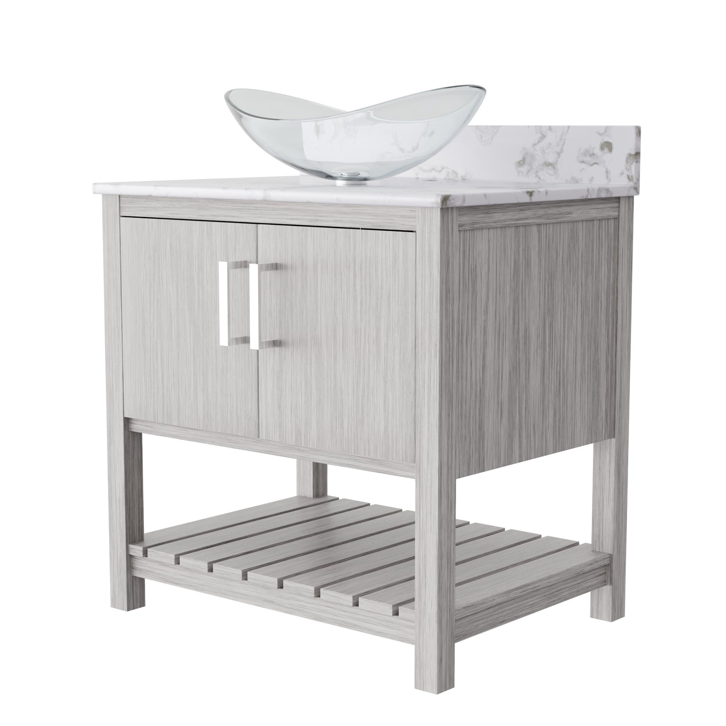 30-inch Novatto bath vanity with café mocha quartz countertop and sink, showcasing elegant bathroom accessory design.