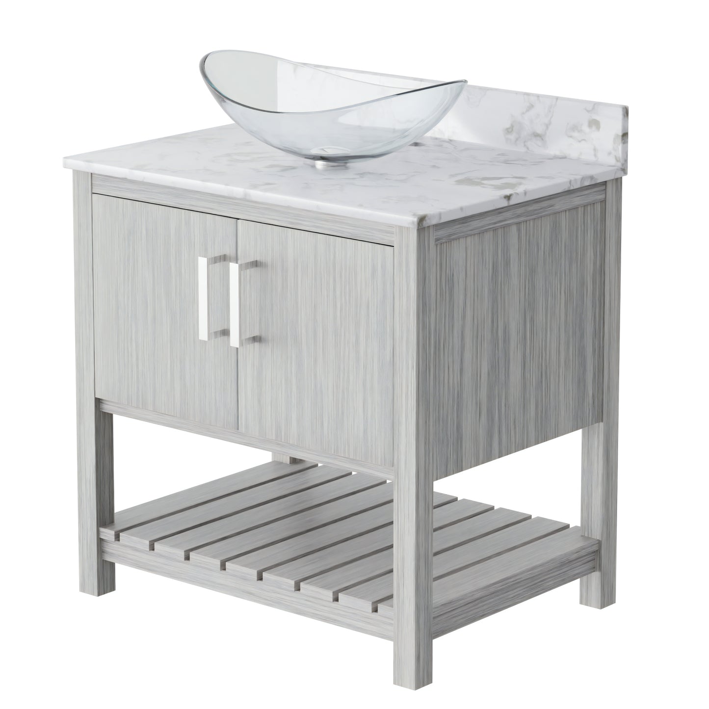 30-inch Novatto bath vanity with café mocha quartz countertop and integrated sink, showcasing a modern bathroom accessory.