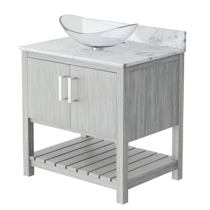 30-inch Novatto bath vanity with café mocha quartz countertop and integrated sink, showcasing a modern bathroom accessory.