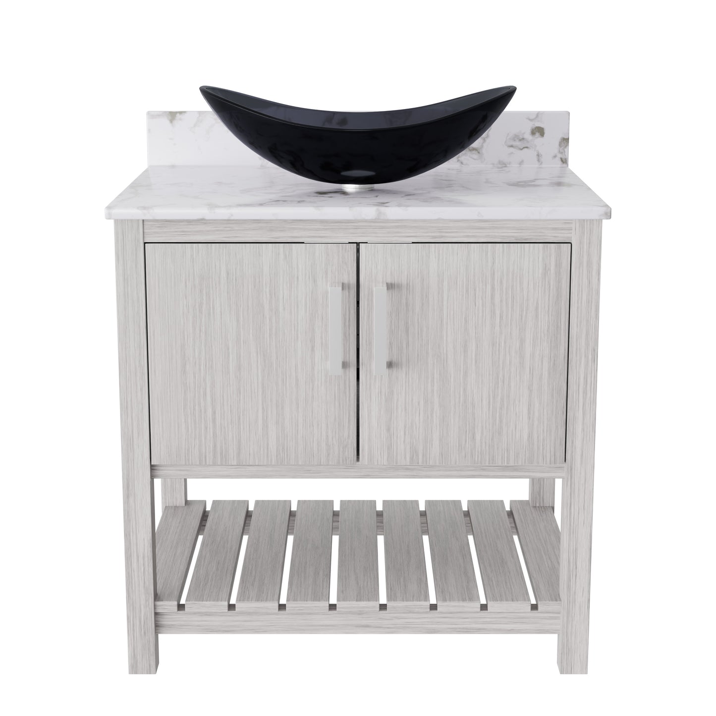 Novatto 30-inch bath vanity with café mocha quartz countertop and sink, showcasing sleek bathroom accessory design.