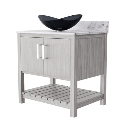 30-inch Novatto bath vanity with café mocha quartz counter and sink, showcasing sleek design and durable surface.