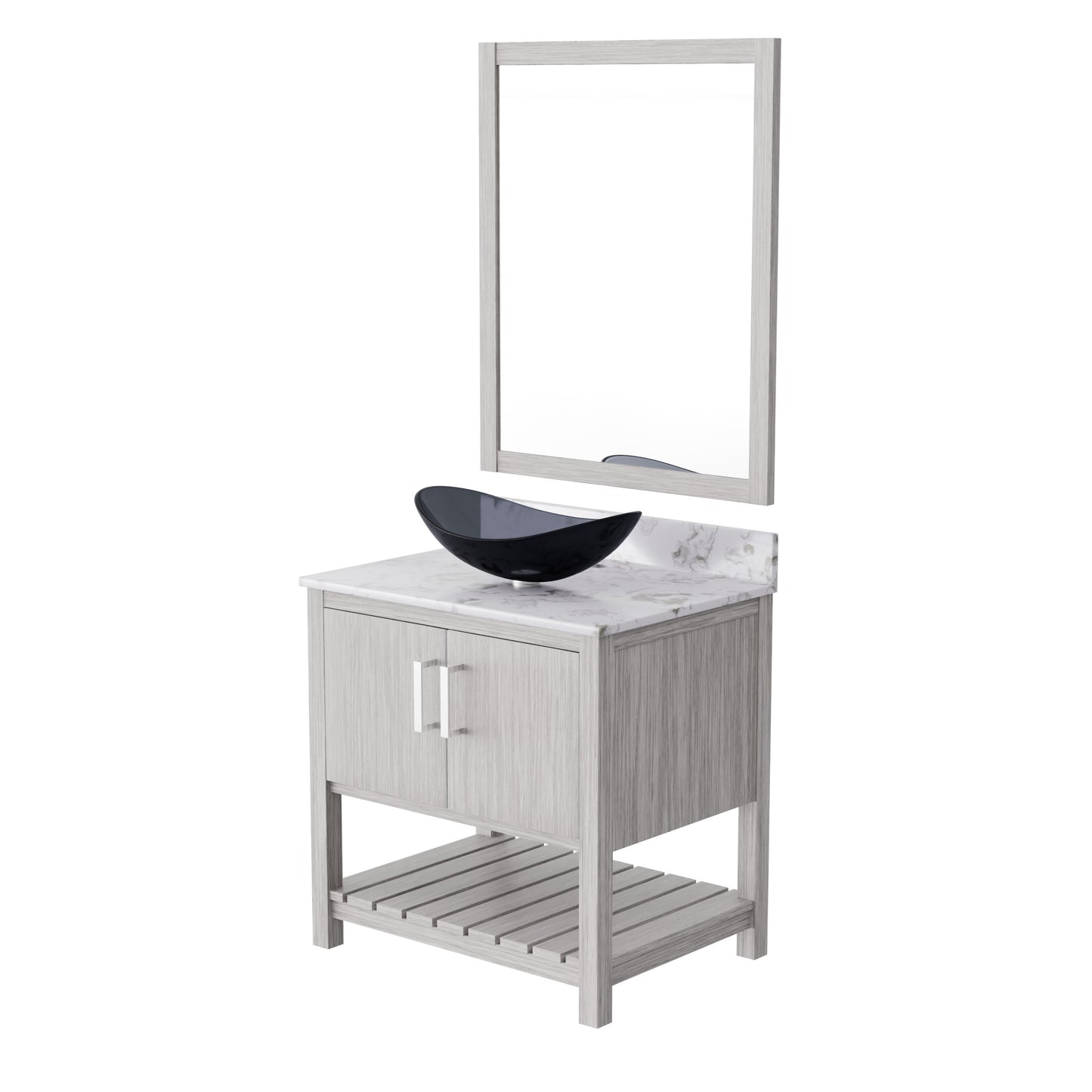 30-inch Novatto bath vanity with café mocha quartz countertop and integrated sink, shown in a sleek bathroom setting
