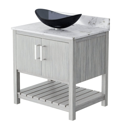 30-inch Novatto bath vanity with café mocha quartz countertop and sink, showcasing elegant bathroom accessory design
