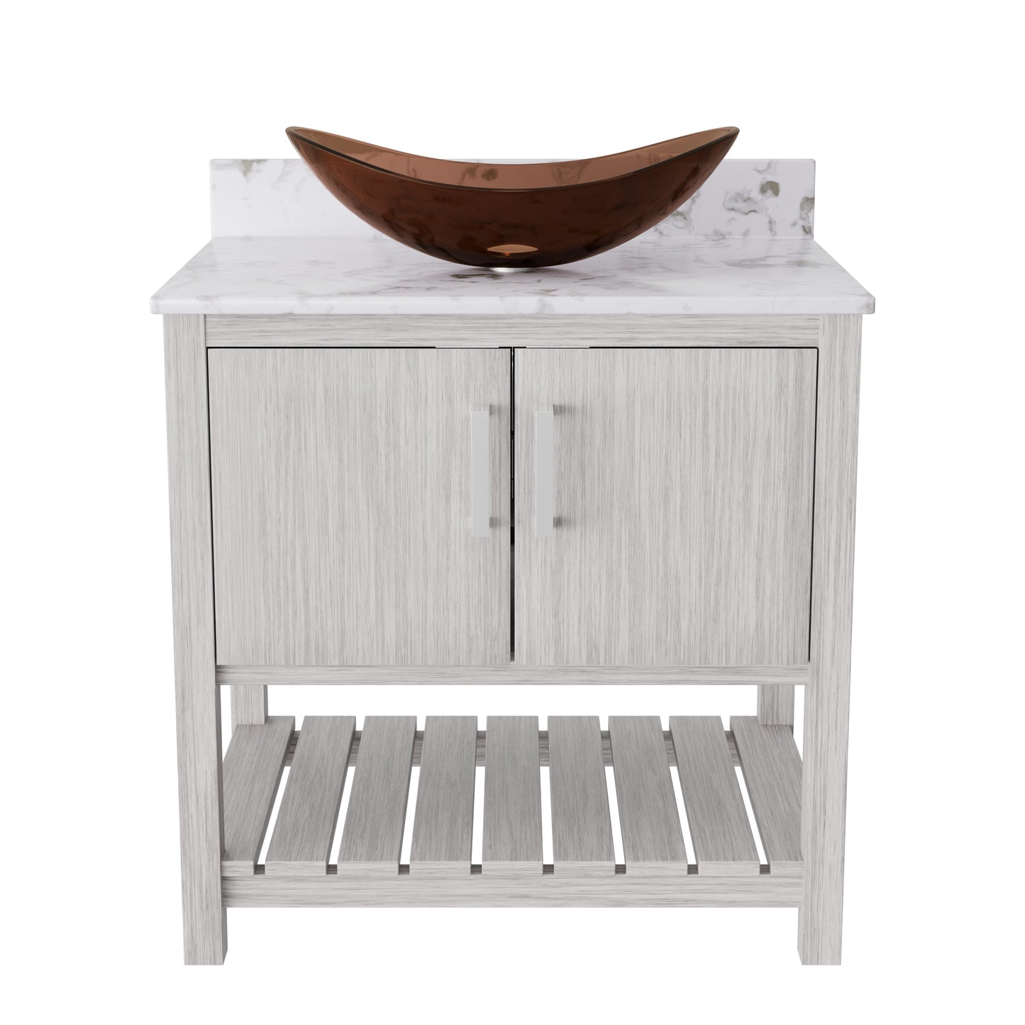 Novatto 30-inch bath vanity with café mocha quartz countertop and integrated sink, modern bathroom accessory.