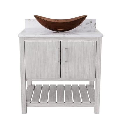 Novatto 30-inch bath vanity with café mocha quartz countertop and integrated sink, modern bathroom accessory.