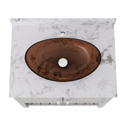 Novatto 30-inch bath vanity with café mocha quartz countertop and sink, showcasing a modern bathroom accessory design.