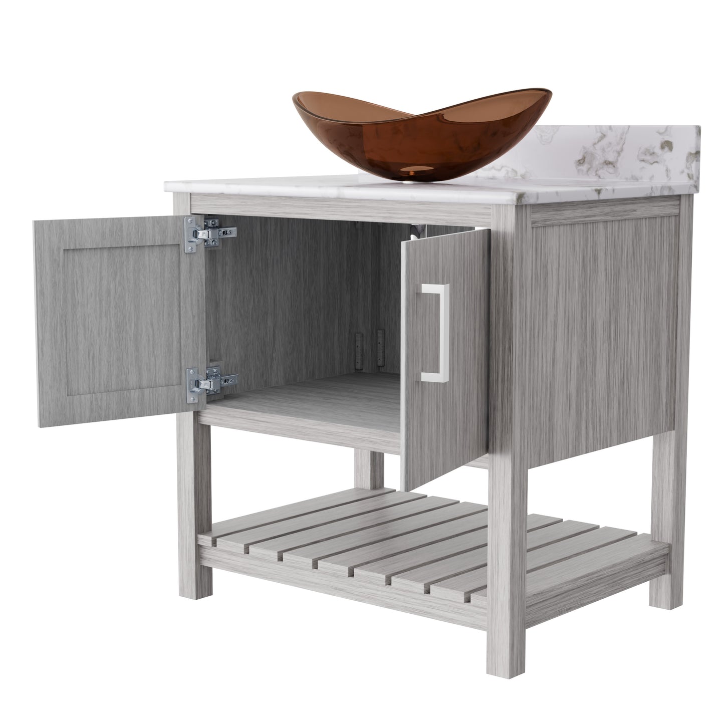 30-inch Novatto bath vanity with café mocha quartz counter and sink, showcasing its elegant design and modern bathroom style
