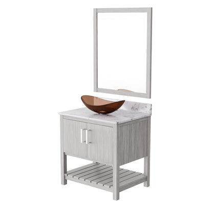 30-inch Novatto bath vanity with café mocha quartz countertop and sink, showcasing sleek bathroom accessory design.