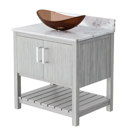 30-inch Novatto bath vanity with café mocha quartz countertop and sink, showcasing sleek bathroom accessory design.
