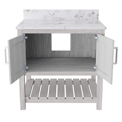 30-inch Novatto vanity with Café Mocha quartz countertop, showcasing sleek design and durable surface in a modern bathroom setting.