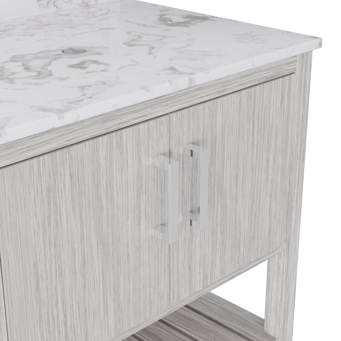 30-inch Novatto vanity with Café Mocha quartz countertop, showcasing sleek design and stylish bathroom accessory.