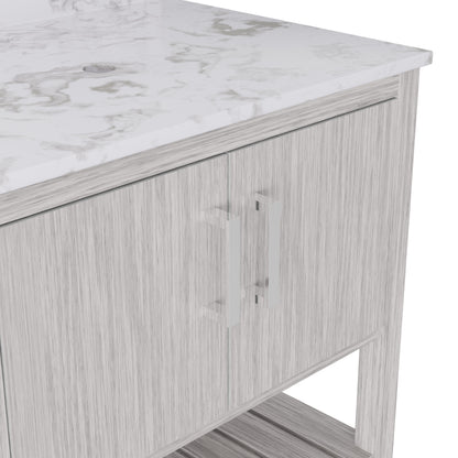 30-inch Novatto vanity with Café Mocha quartz countertop, showcasing sleek design and stylish bathroom accessory.