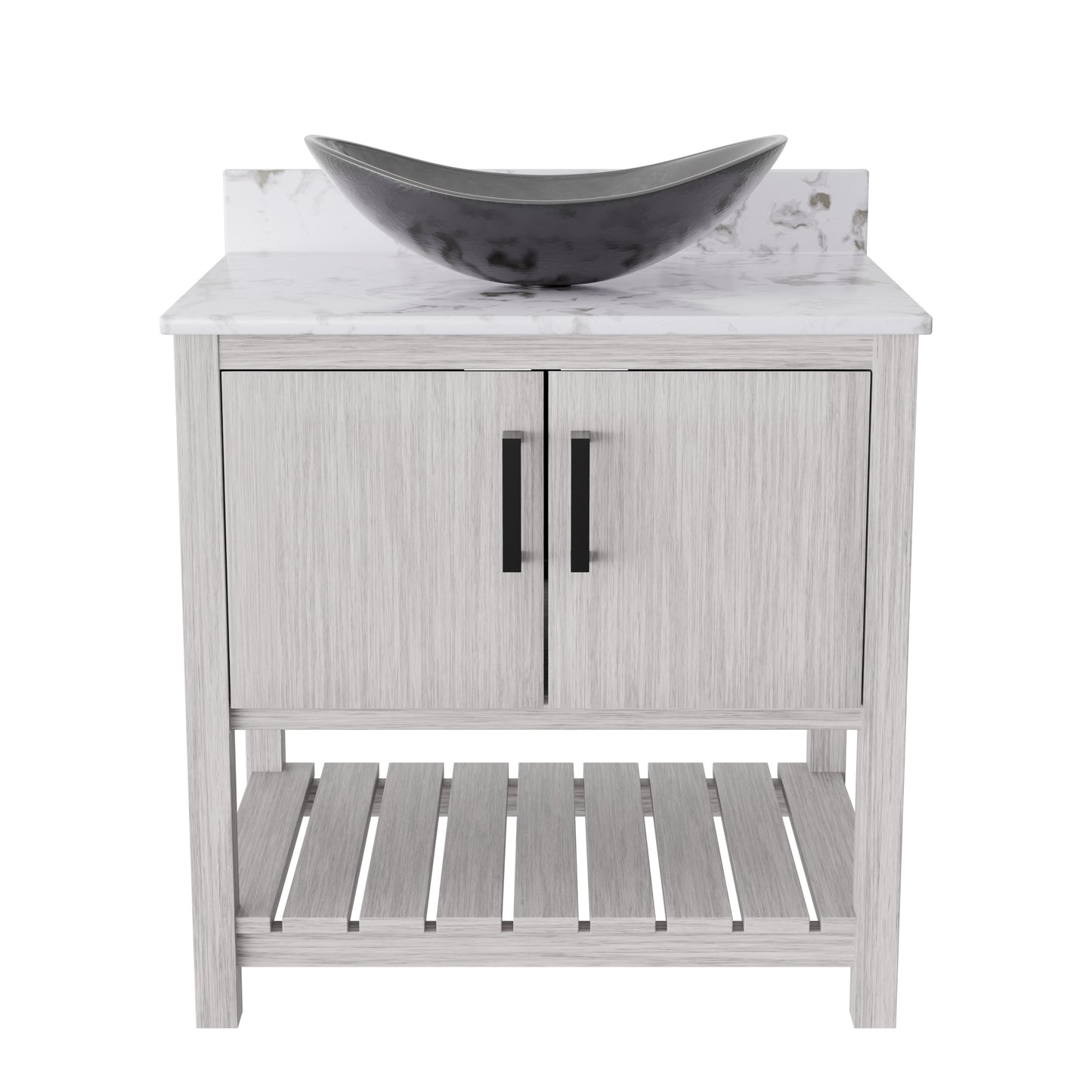 30-inch Novatto bath vanity with café mocha quartz countertop and integrated sink, modern bathroom accessory design