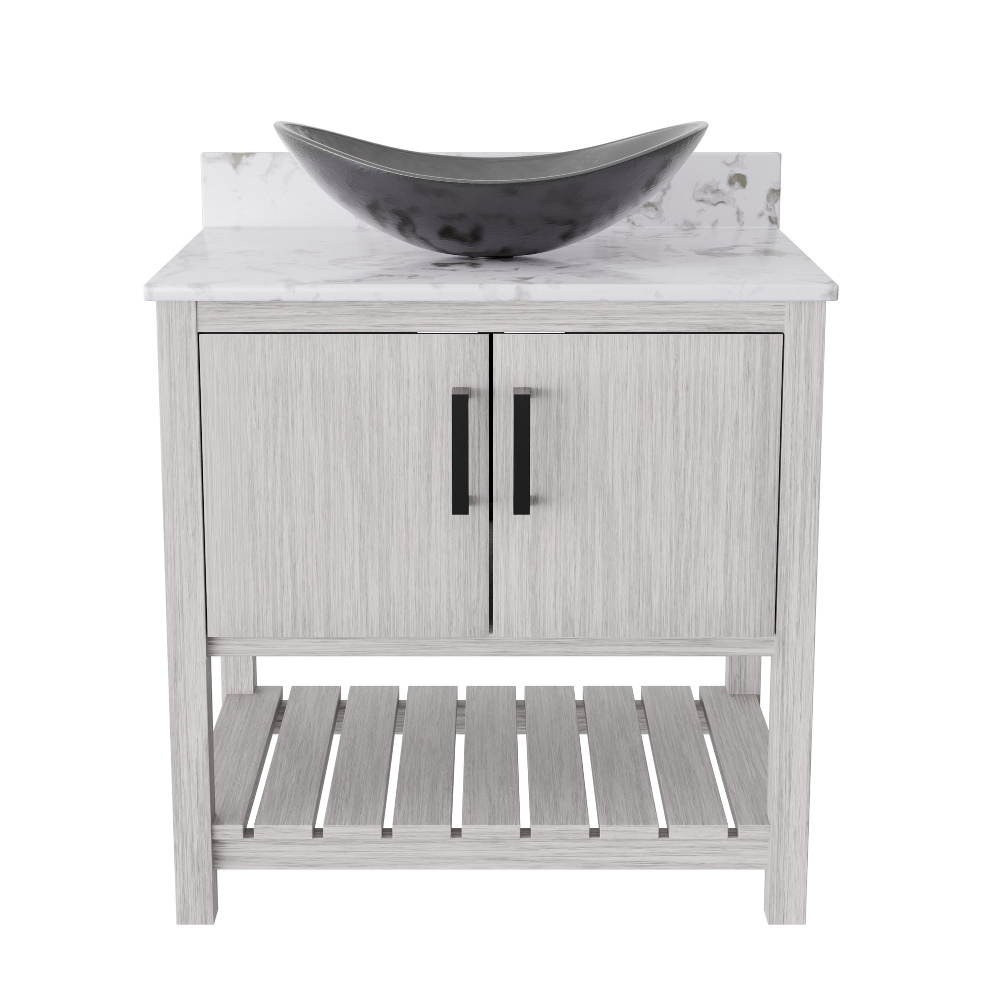 30-inch Novatto bath vanity with café mocha quartz countertop and integrated sink, modern bathroom accessory design