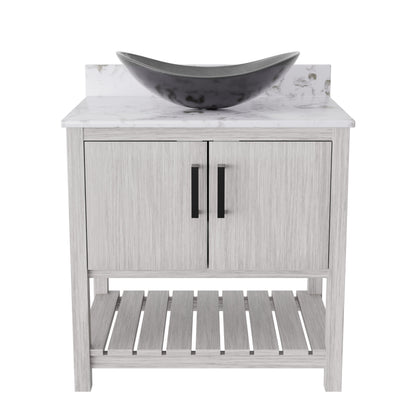 30-inch Novatto bath vanity with café mocha quartz countertop and integrated sink, modern bathroom accessory design