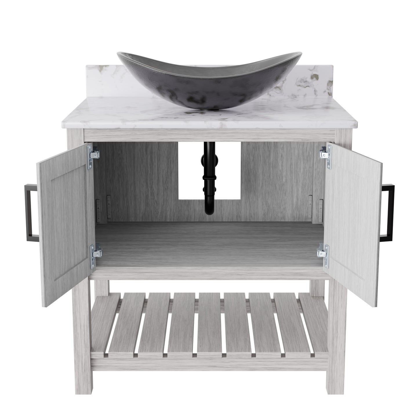 30-inch Novatto bath vanity with café mocha quartz countertop and integrated sink, showcasing a modern bathroom accessory.