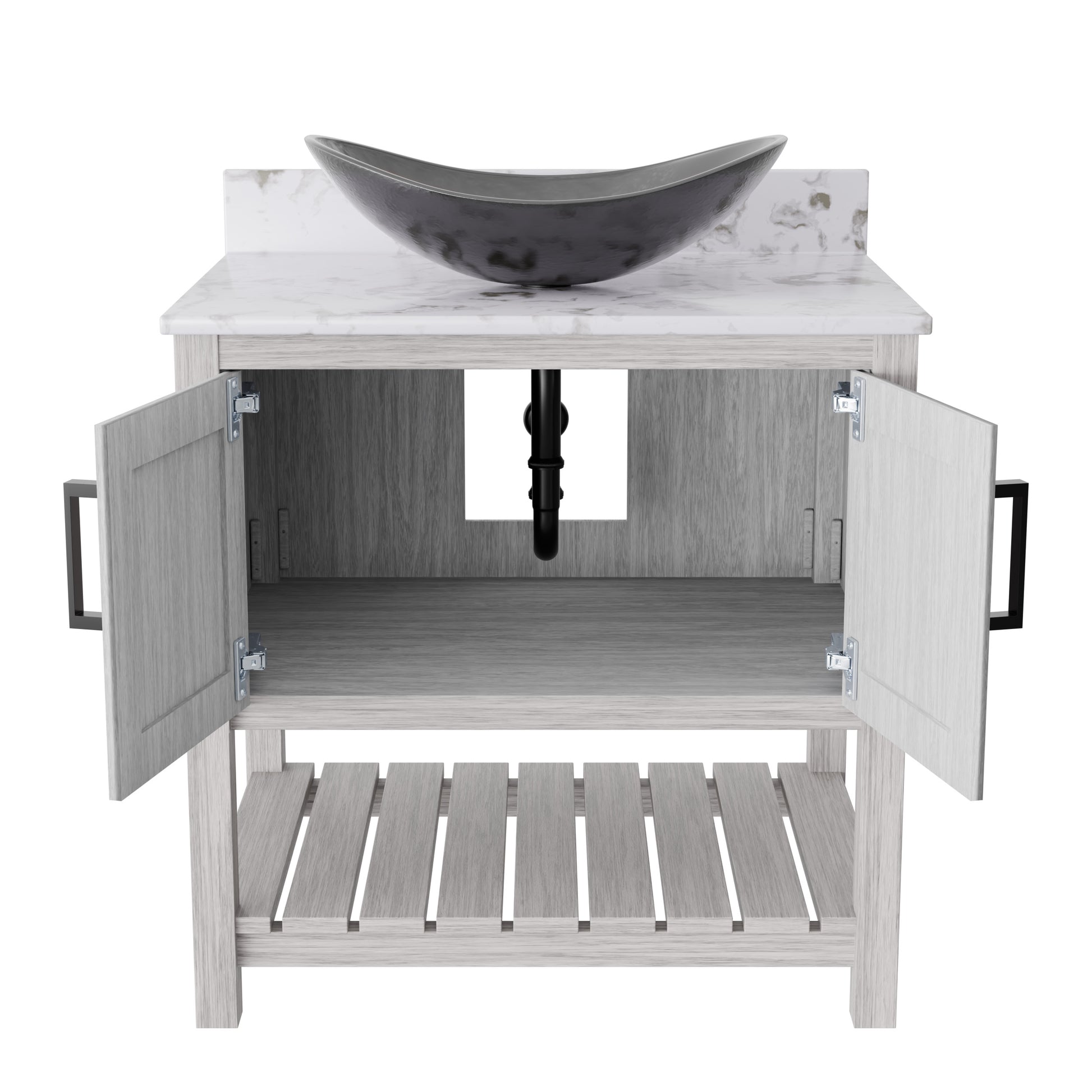 30-inch Novatto bath vanity with café mocha quartz countertop and integrated sink, showcasing a modern bathroom accessory.