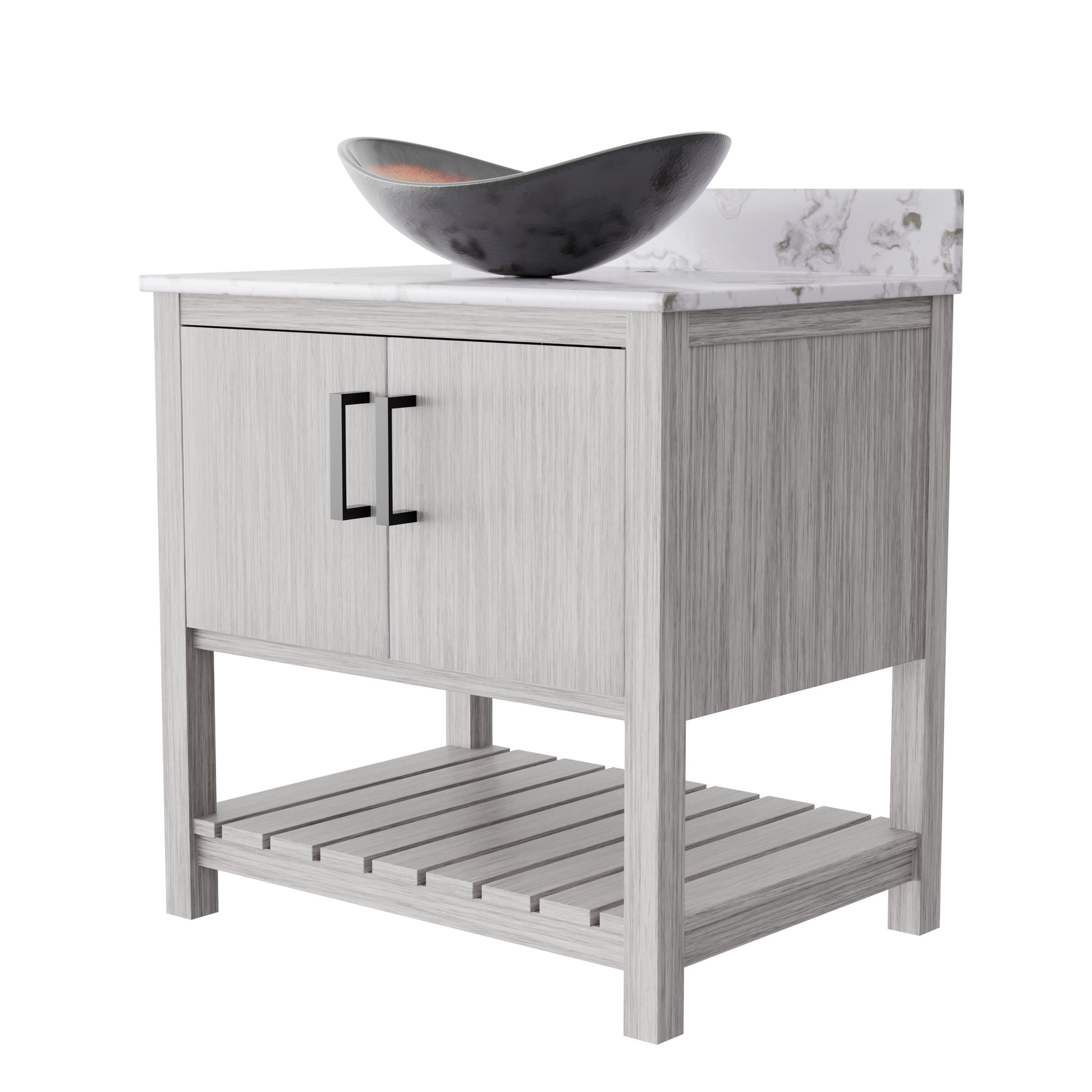 30-inch Novatto bath vanity with café mocha quartz counter and sink, showcasing sleek bathroom accessory design