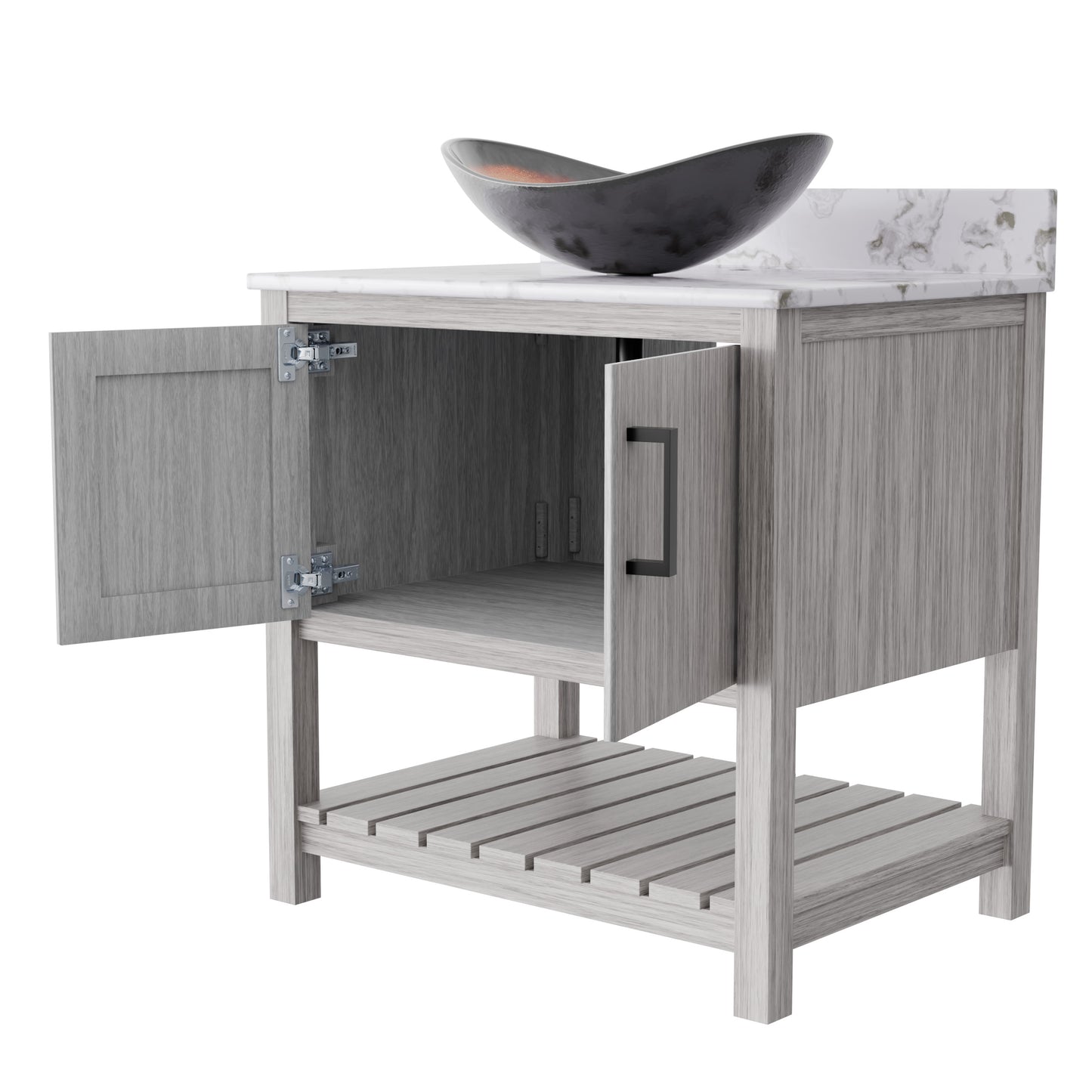 30-inch Novatto bath vanity with café mocha quartz countertop and integrated sink, showcasing elegant bathroom accessory design.