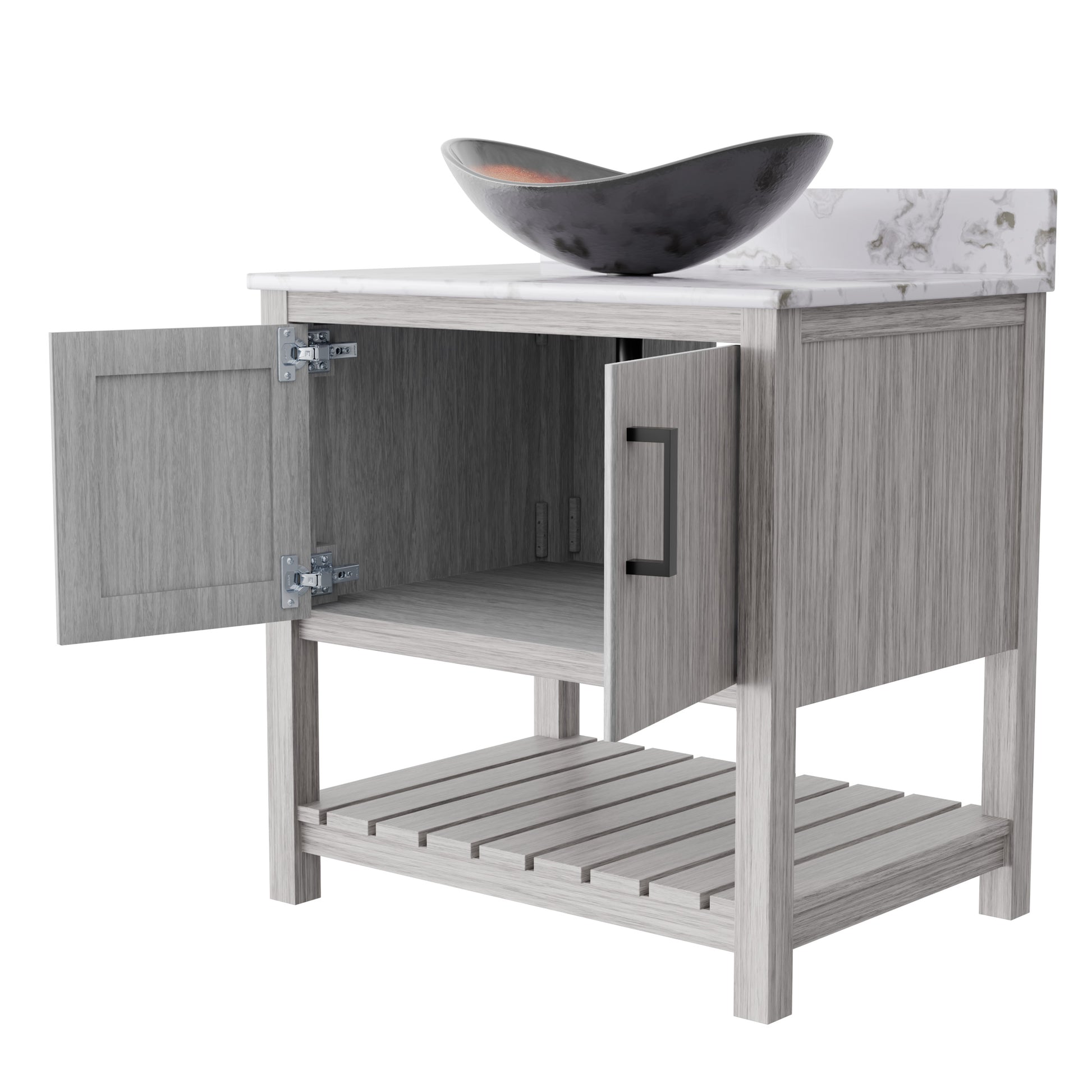 30-inch Novatto bath vanity with café mocha quartz countertop and integrated sink, showcasing elegant bathroom accessory design.
