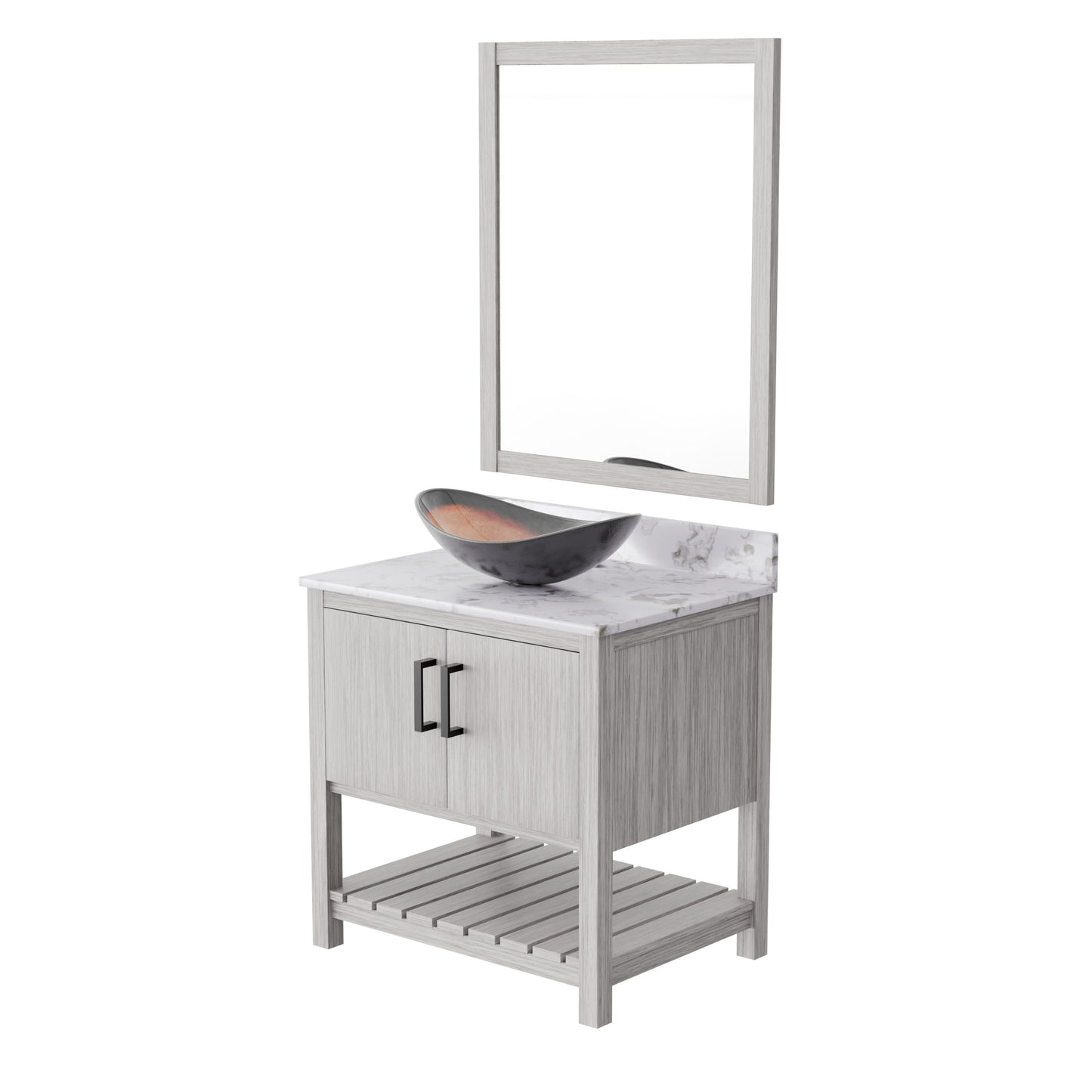 30-inch Novatto bath vanity with Café Mocha quartz countertop and integrated sink, featuring modern bathroom accessory design.