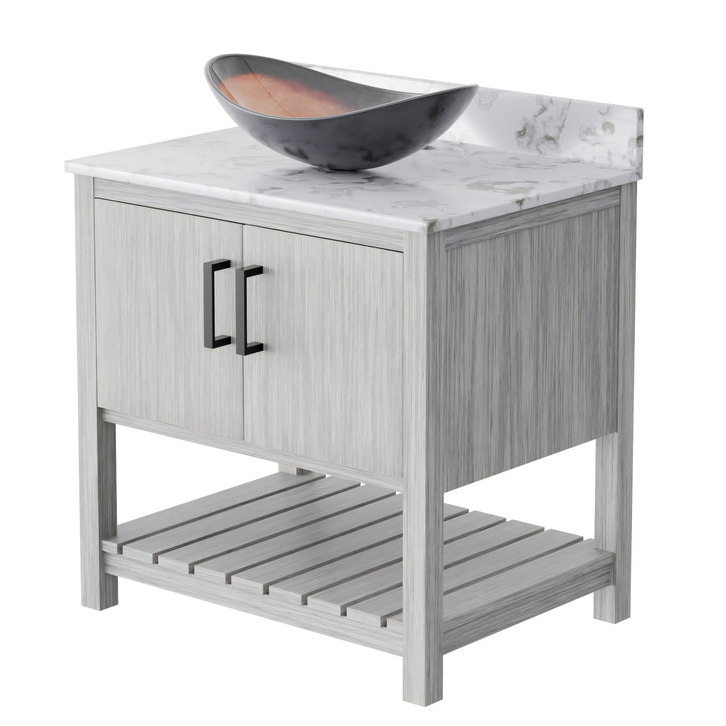 30-inch Novatto bath vanity with café mocha quartz countertop and sink, featuring sleek, modern bathroom accessory design.