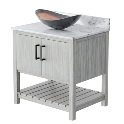 30-inch Novatto bath vanity with café mocha quartz countertop and sink, featuring sleek, modern bathroom accessory design.