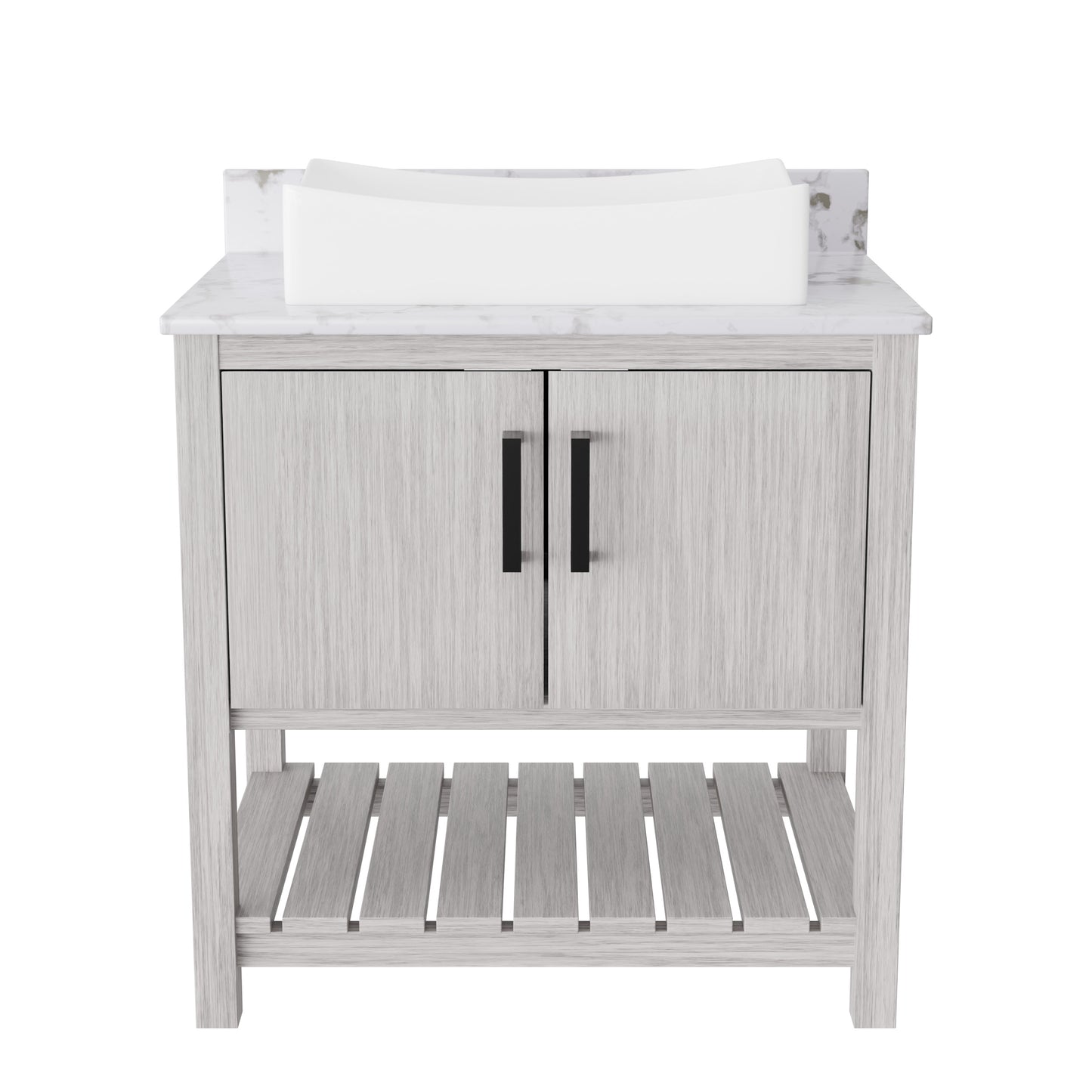 30-inch Novatto bath vanity with café mocha quartz countertop and sink, showcasing sleek bathroom accessory design.