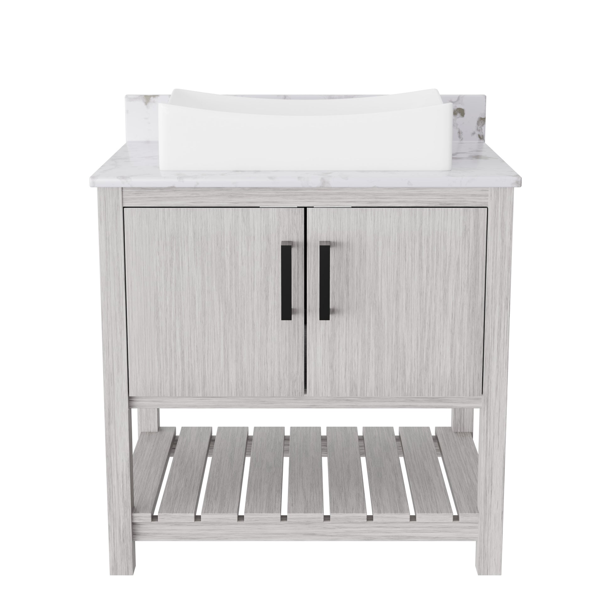 30-inch Novatto bath vanity with café mocha quartz countertop and sink, showcasing sleek bathroom accessory design.