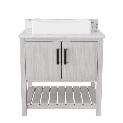30-inch Novatto bath vanity with café mocha quartz countertop and sink, showcasing sleek bathroom accessory design.