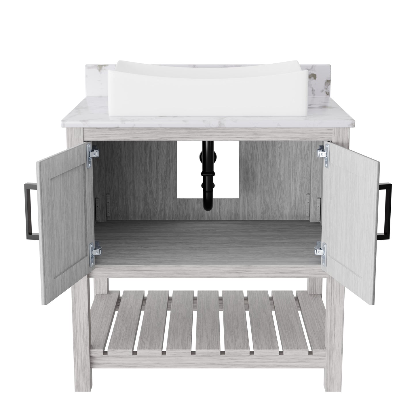 30-inch Novatto bath vanity with café mocha quartz countertop and sink, showcasing sleek, modern bathroom accessory design.