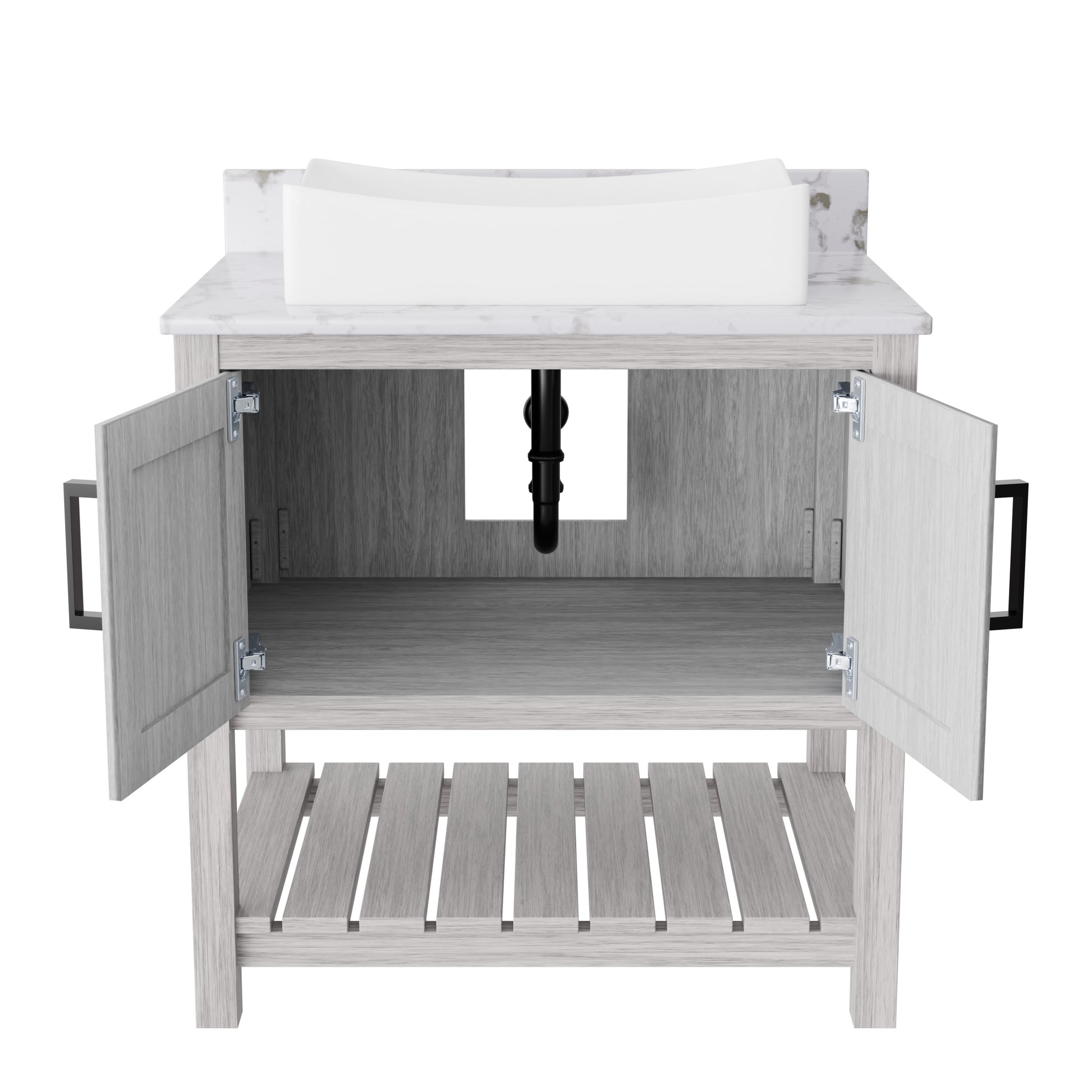 30-inch Novatto bath vanity with café mocha quartz countertop and sink, showcasing sleek, modern bathroom accessory design.