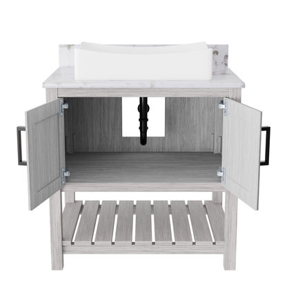 30-inch Novatto bath vanity with café mocha quartz countertop and sink, showcasing sleek, modern bathroom accessory design.