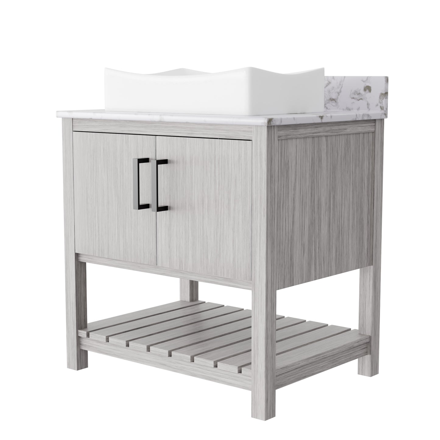Novatto 30-inch bath vanity with café mocha quartz countertop and sink, modern bathroom accessory with sleek design.