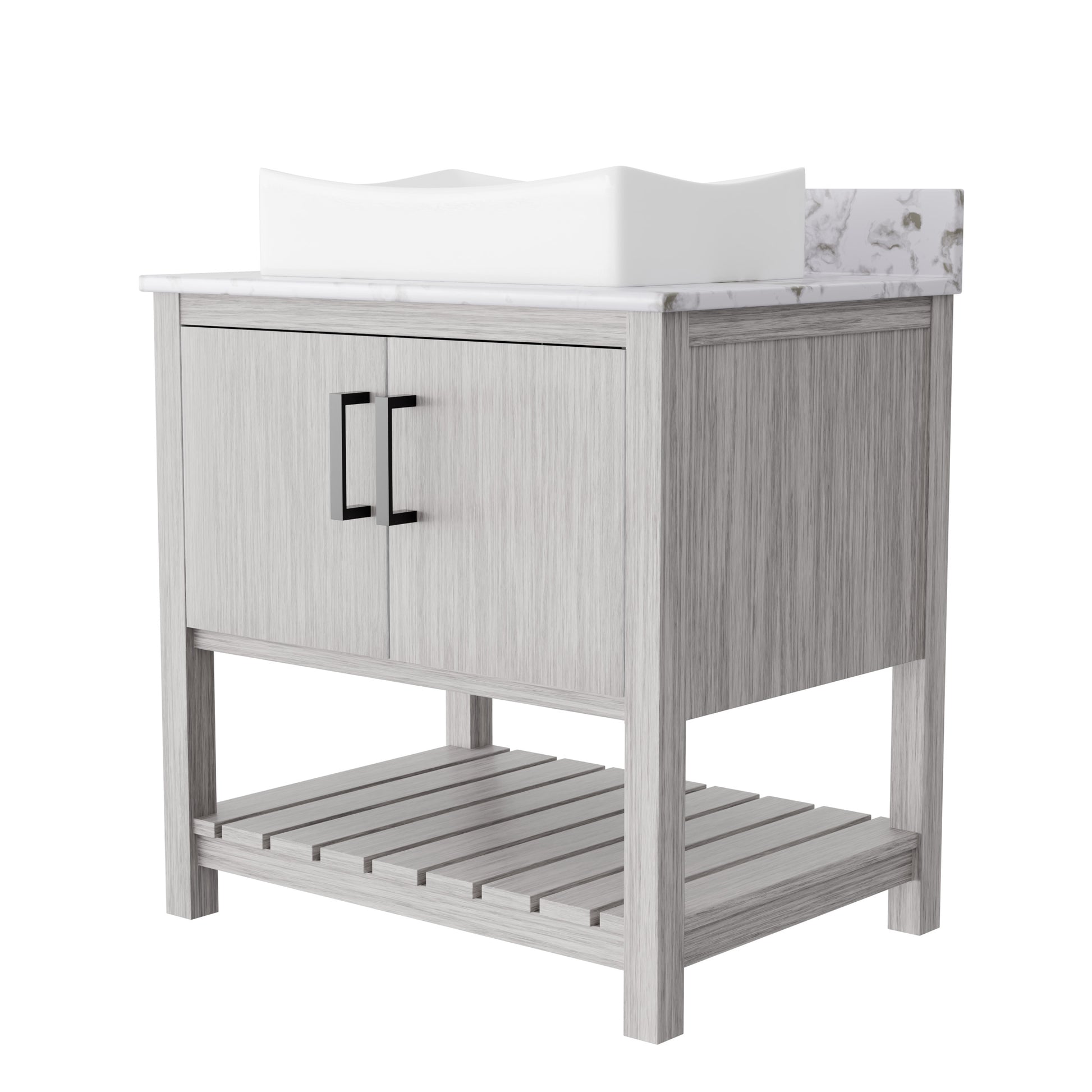 Novatto 30-inch bath vanity with café mocha quartz countertop and sink, modern bathroom accessory with sleek design.