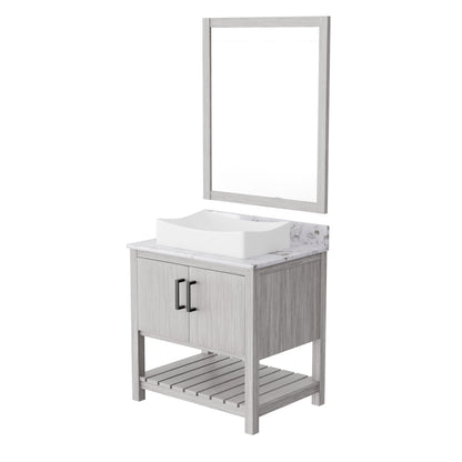 30-inch Novatto bath vanity with café mocha quartz countertop and integrated sink, shown from a front view.