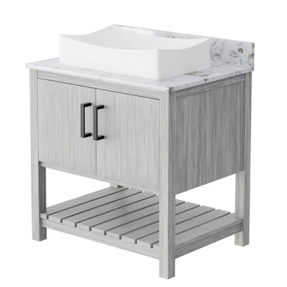 30-inch Novatto bath vanity with café mocha quartz countertop and sink, featuring modern bathroom accessory design.