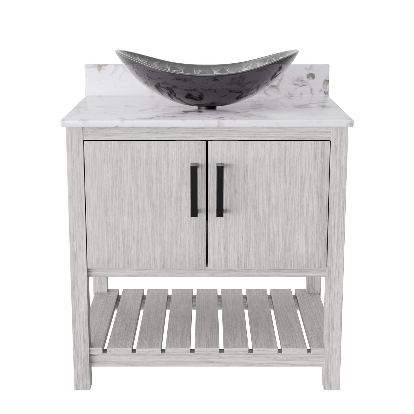 30-inch Novatto bath vanity with café mocha quartz countertop and integrated sink, showcasing a modern bathroom accessory.