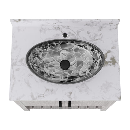 30-inch Novatto bath vanity with café mocha quartz countertop and sink, featuring sleek, modern bathroom accessory design.