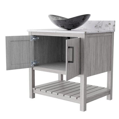 Novatto 30-inch bath vanity with café mocha quartz countertop and integrated sink, showcasing sleek, modern bathroom accessory design.