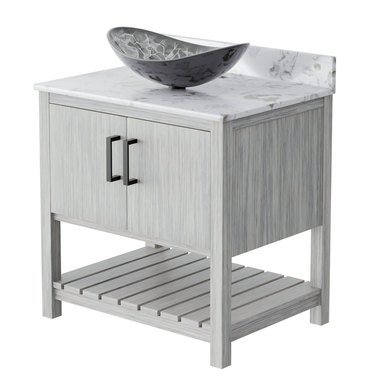 30-inch Novatto bath vanity with café mocha quartz countertop and sink, modern bathroom accessory.