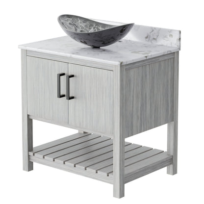 30-inch Novatto bath vanity with café mocha quartz countertop and sink, modern bathroom accessory.