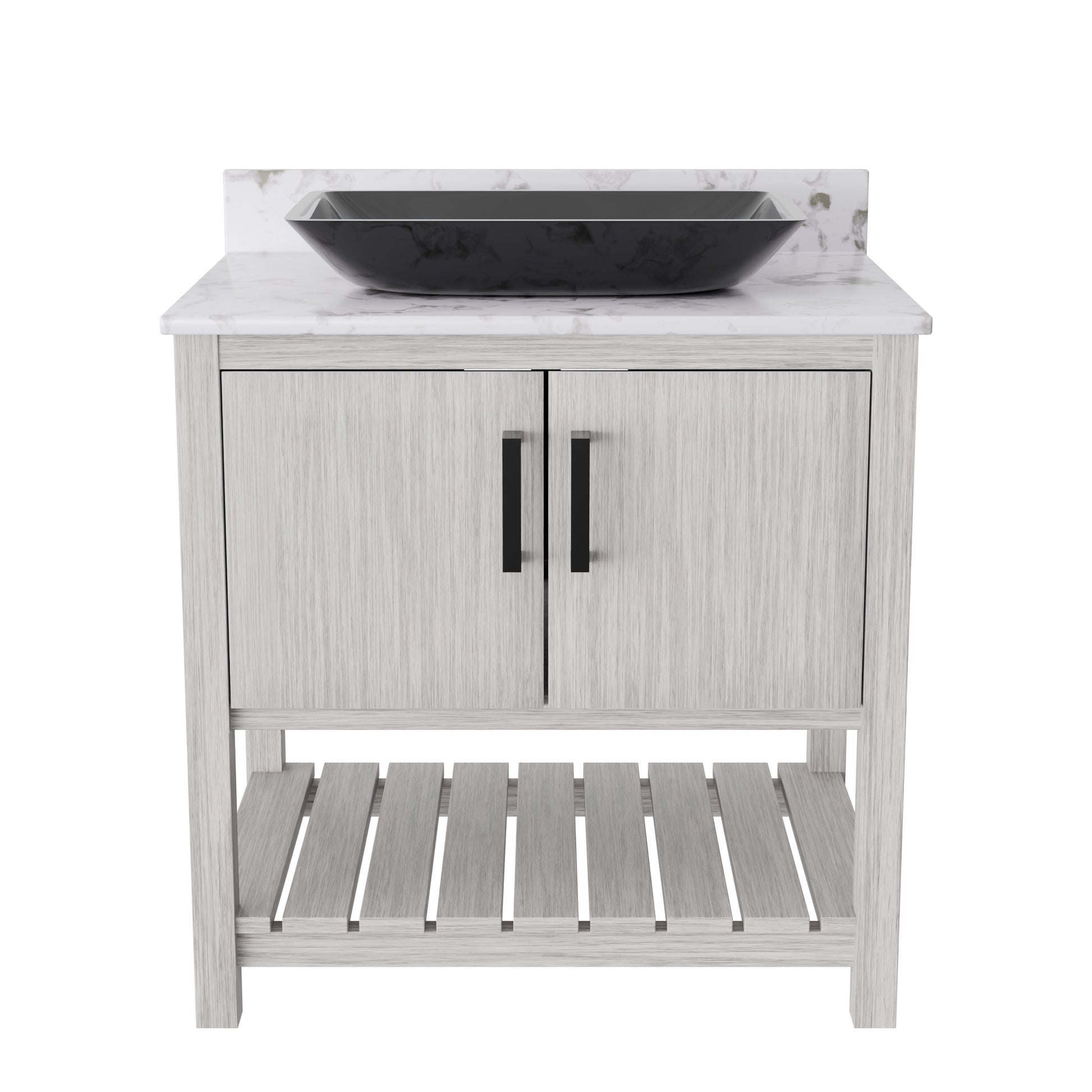 30-inch Novatto bath vanity with café mocha quartz countertop and integrated sink, modern bathroom accessory.