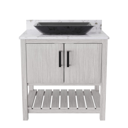 30-inch Novatto bath vanity with café mocha quartz countertop and integrated sink, modern bathroom accessory.