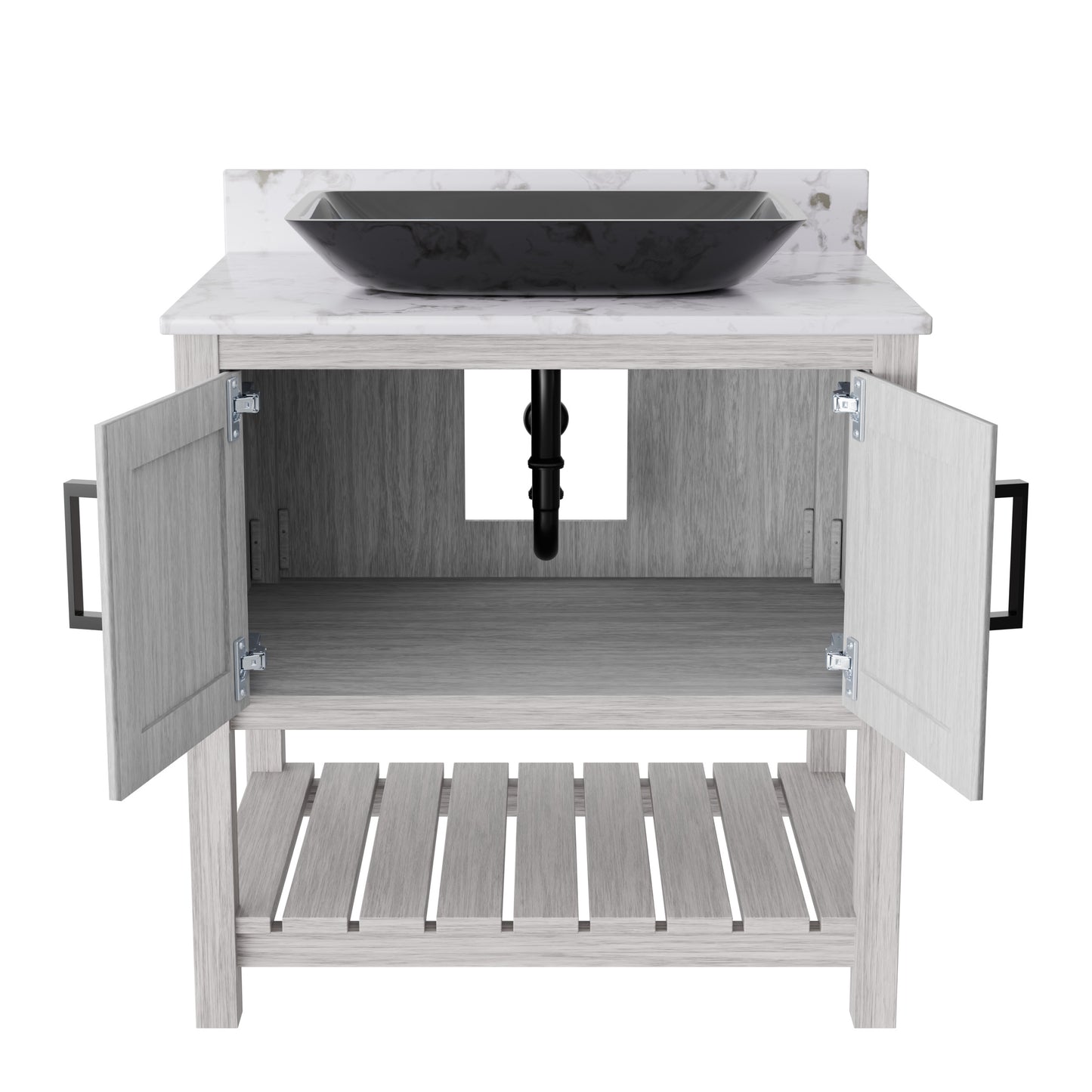 30-inch Novatto bath vanity with café mocha quartz counter and sink, showing sleek wood finish and modern design.