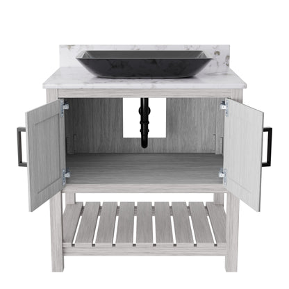 30-inch Novatto bath vanity with café mocha quartz counter and sink, showing sleek wood finish and modern design.
