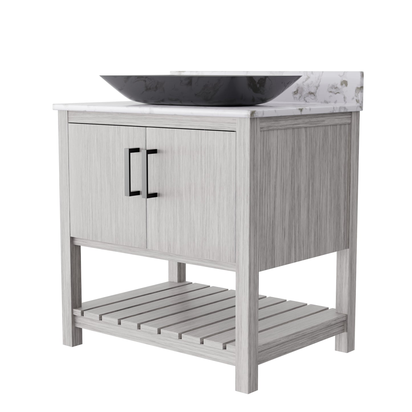30-inch Novatto bath vanity with café mocha quartz countertop and sink, showcasing sleek modern bathroom accessory design.